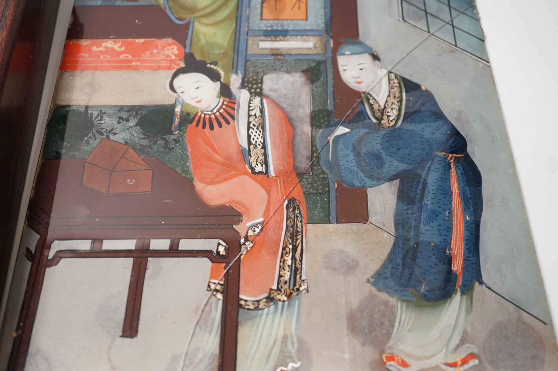 A Chinese reverse glass painting and a box cover with reverse painted glass panel